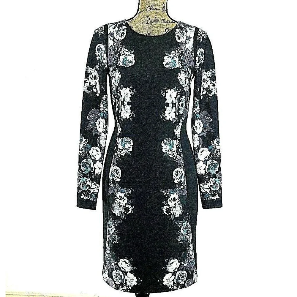 Antonio Melani Dress 6 Black Muted Purple Teal Floral Long Sl‎ Stretch